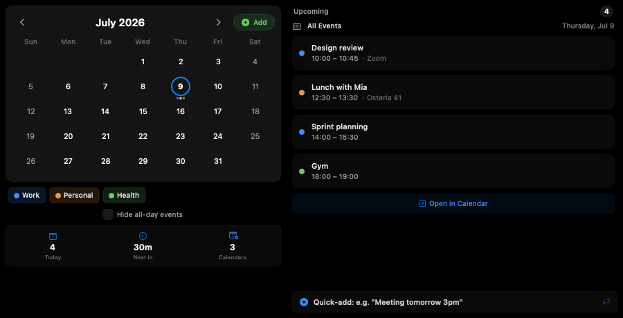 Your month, your events, quick-add — in the notch